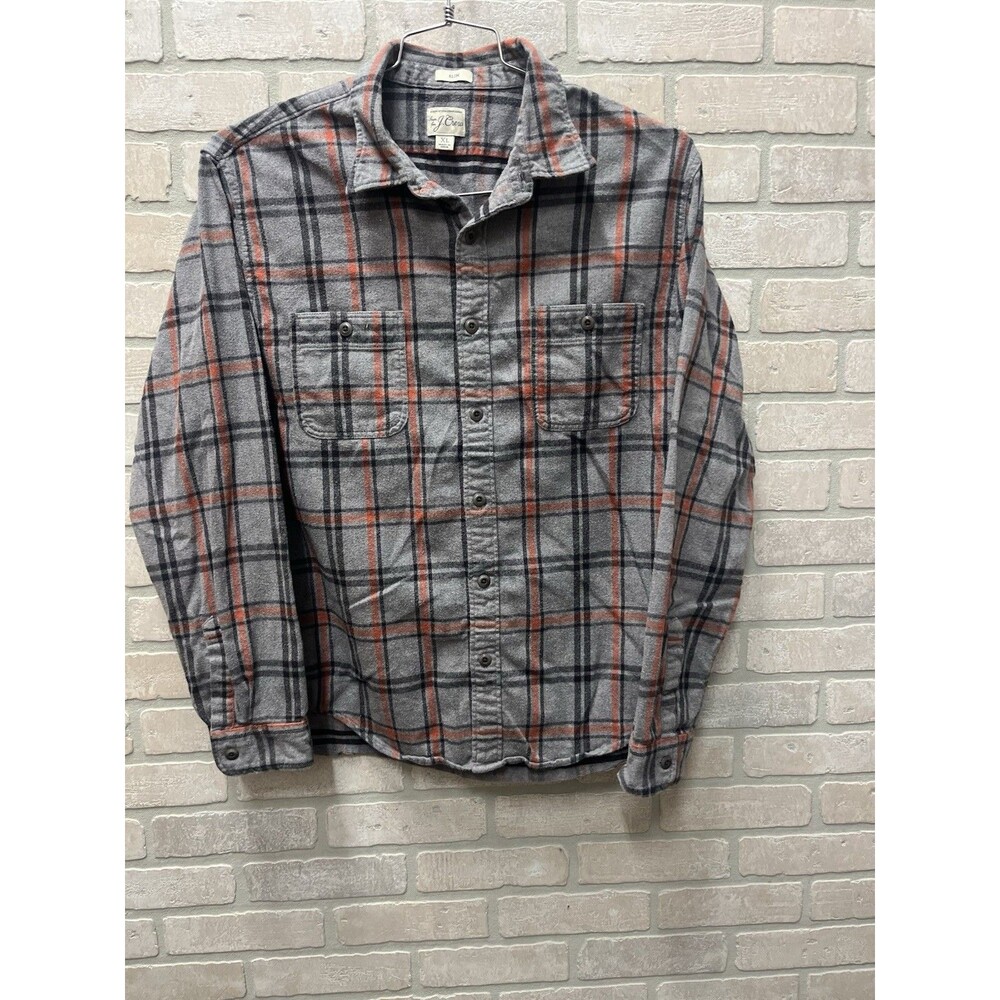 J.Crew Mens Flannel Button Down Shirt XL Grey Red Plaid Cotton Classic Fit